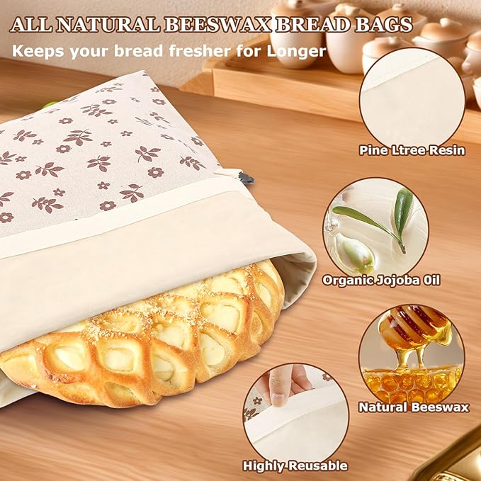 Beeswax Bread Bags, Reusable Organic Linen Beeswax Bread Bag for Sourdough, Keep Fresh and Large Capacity Portable Sourdough Storage Bags & 3 Beeswax Wraps for Gifting, Must-Have Baking Accessories