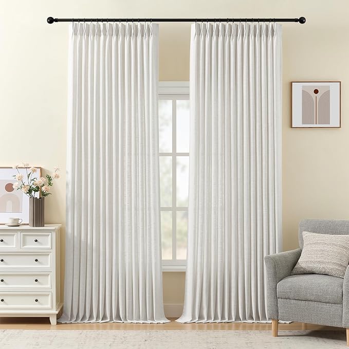96 Inch Linen Curtains for Living Room, Light Filtering Pinch Pleated Semi Sheer Curtains Rustic Textured Back Tab Drapes with Hooks Rings for Bedroom Dining Room, Beige White, W40xL96, 2 Panel