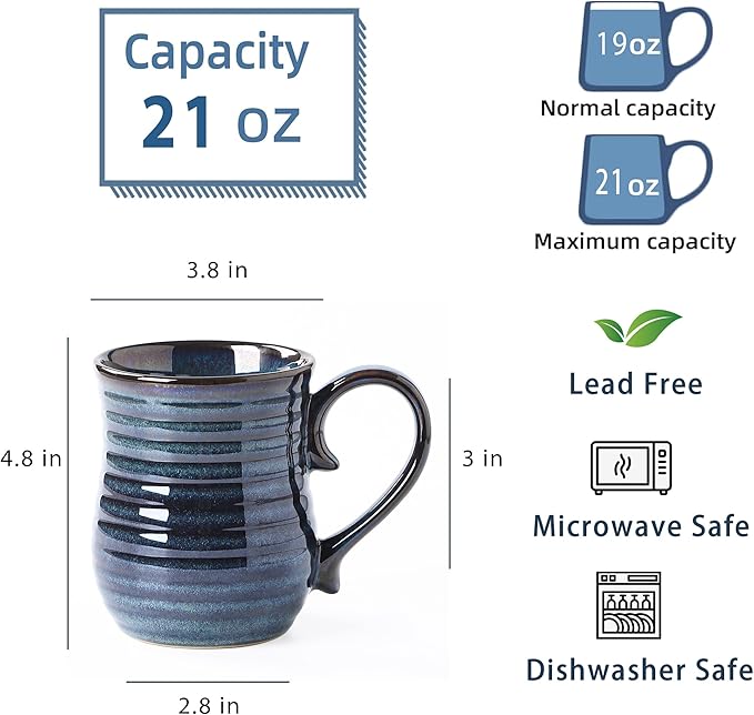 21 oz Large Ceramic Coffee Mugs, Handmade Cup with Large Handle, Big Tea and Coffee Cups for Office and Home, Microwave and Dishwasher Safe (Blue Green)