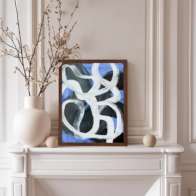 Monem Art Bold Blue Brushstroke Abstract Print - Modern Textured Line Art Poster - Wall Decor for Living Room, Bedroom or Office - 8x10 Brown Framed Wall Art by Mareike Bohmer