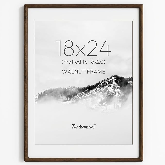 18x24 Picture Frame, USA-Sourced Walnut Wood Frame 18x24, Large Poster Frame with High Tempered Glass, 18 x 24 Picture Frame Matted to 16x20 Photo for Art & Poster Display, 1 Pack