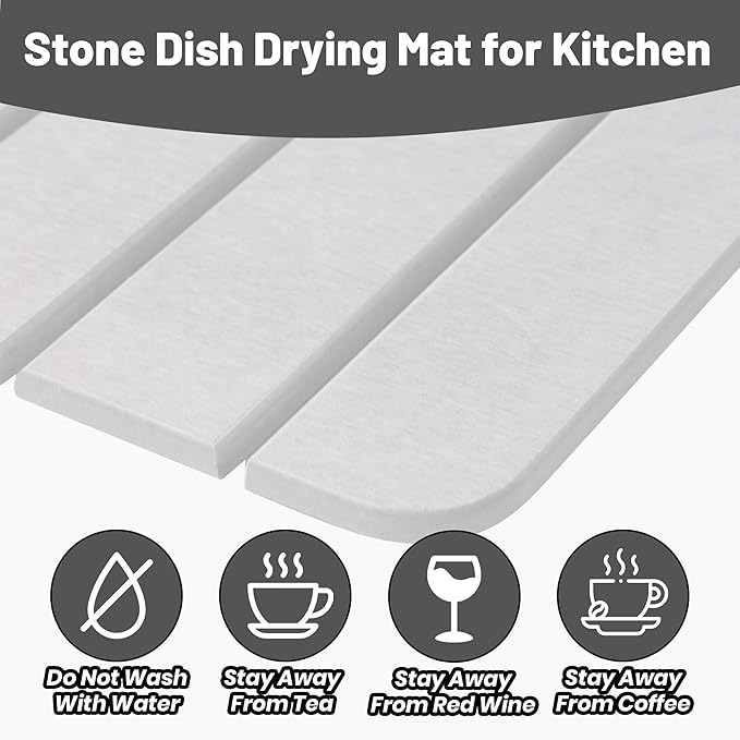 Large Stone Dish Drying Mat for Kitchen Counter,drying mat 24"(L)×16"(W),diatomaceous earth dish drying mat,quick drying stone mat for kitchen sink,drying dish mat white