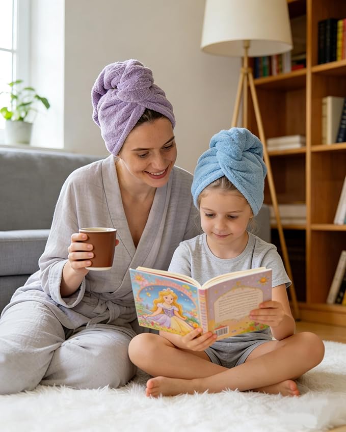 Lumimi Bath Pre Dry Hair Towel 2 Pack - Quick Dry Super Absorbent Lightweight Turban With Button - Drying Wrap for Shower Wellness, Pink Blue