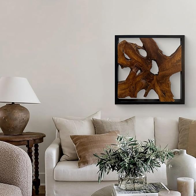 Warmaxx Rustic Teak Wood Wall Art 27.8"L x 27.8"W x 2.3" Thickness Farmhouse Framed Wall Art Aesthetic Decoration Square Home Office Dorm Handmade Freeform Pattern Natural Wall Décor Living Room Bedroom Hallway