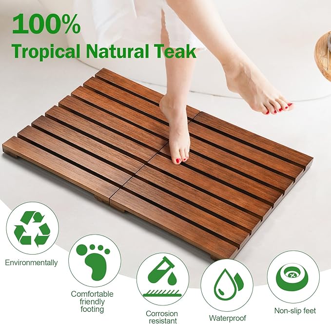Teak Shower Mat, Foldable Wooden Shower Mat with Non-Slip Rubber Feet, Teak Bath Mat for Bathroom, Bathtub, Spa, Sauna, Pool, Indoor Outdoor Use, Water-Resistant Wood Floor Mat