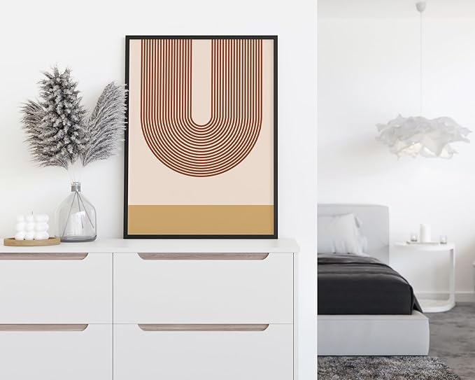 Continuous Line Face Wall Art Abstract Portrait Organic Shapes Earth Tones Terracotta Mid Century Modern 12x16 Inch Oak Wood Black Framed Minimalist Line Drawing for Vanity