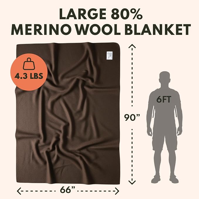 Woolly Mammoth Woolen Company Merino Wool Blanket, 66" x 90" Bark | Temperature Regulating - Fire-Resistant - Warm Camping Blanket for Car Emergency Kits, Picnics, Summer Festivals and Stadiums