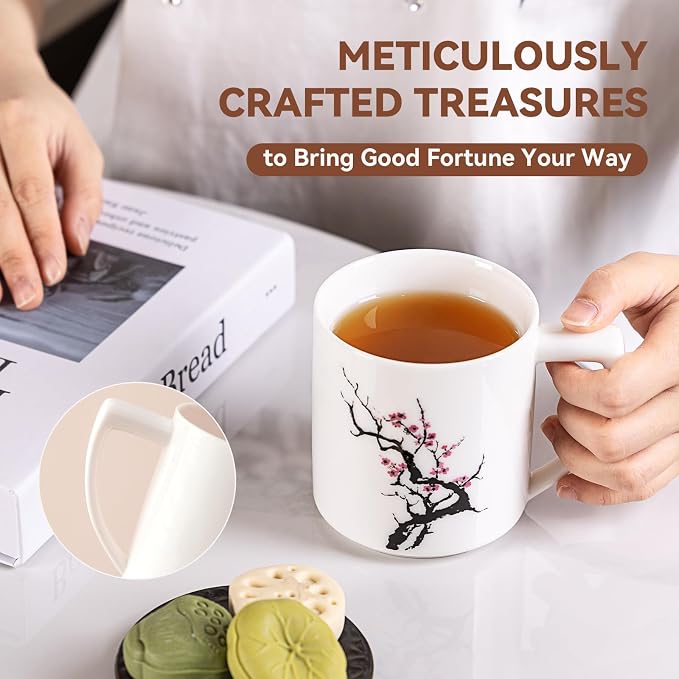 15oz Ceramic Coffee Mug with Plum Blossom Design – Unique Handcrafted Ceramic Mug for Coffee & Tea, Microwave & Dishwasher Safe, Elegant Coffee Cup Gift for Her or Yourself