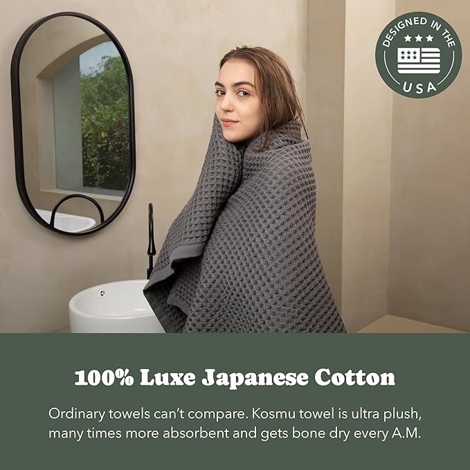 Luxury Organic Japanese Cotton Waffle Bath Towel | Thick, Absorbent, Quick Dry Bathroom Towels for Shower, Sauna, Onsen| Hotel & Spa Quality, Gift-Ready (Smoke Grey, Bath Towel (55" x 34"))