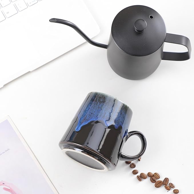 15oz Japanese style Handmade Ceramic Coffee Mug - Unique Pottery tea cup, Lead-free Artisanal stoneware ceramic tea mug, Dishwasher & Microwave Safe Coffee cup for office and home, Blue and Black