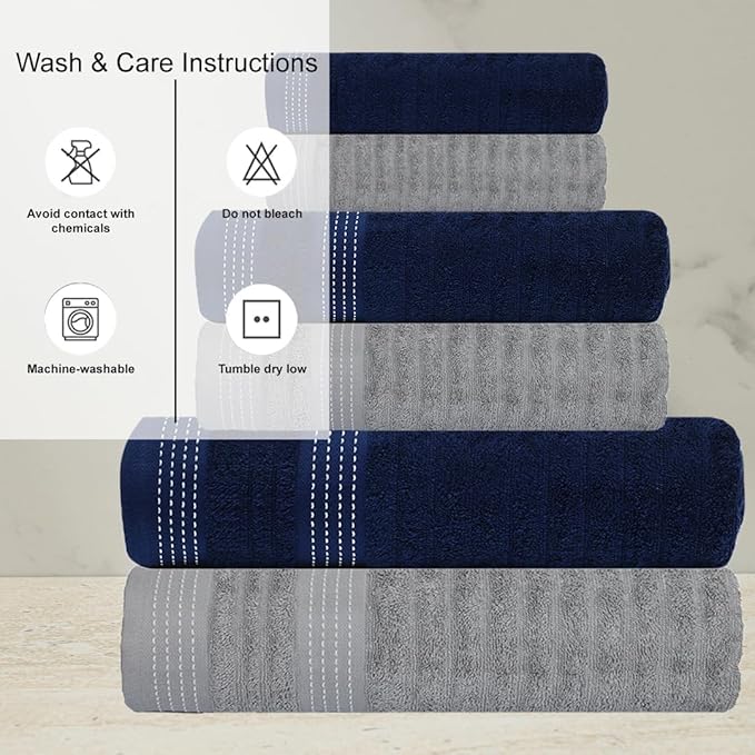 CASA COPENHAGEN Elegance 6Pcs 100% Egyptian Cotton Large Designer Towels Gift Set- Grey Violet-Navy, 550GSM, 2Bath 2Hand 2Washcloths, Bath Towels for Bathroom Set for Women & Men