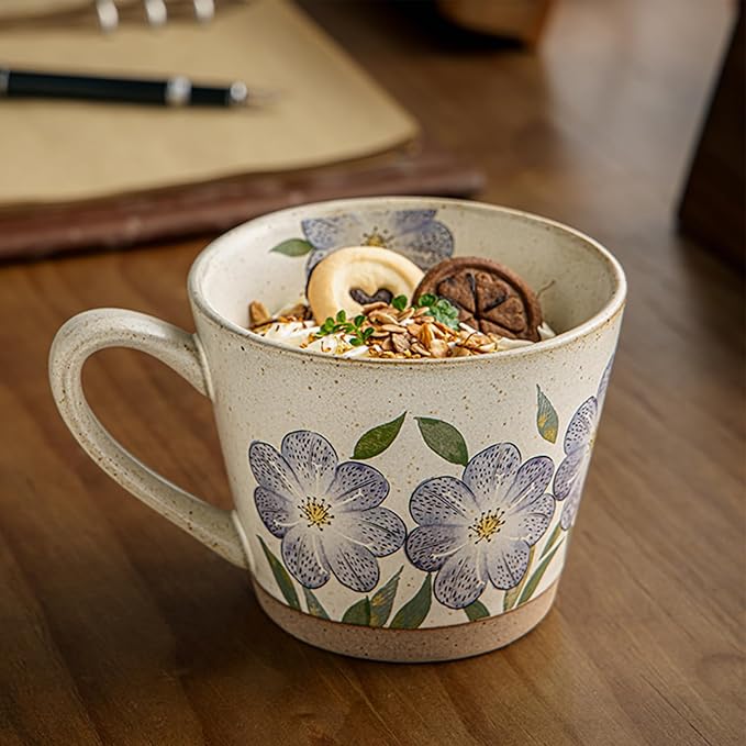 15oz Vintage Floral Ceramic Coffee Mug, Hand-Painted Lead-Free Tea Cup with Comfort Handle, Microwave & Dishwasher Safe for Home Office & Gift for Women (Purple Floral, 15, ounces)