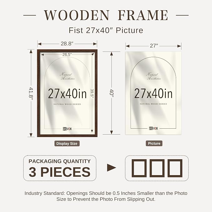 VCK 27x40 Poster Frame 3 Pack - Brown Solid Wood Picture Frames, Exclusive Wood Grain Picture Frames, Wall Hanging