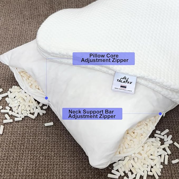 Talatex Talalay Shredded Latex Pillow-100% Natural Latex Premium Pillow with Adjustable Neck Support Area for Back, Stomach or Side Sleepers