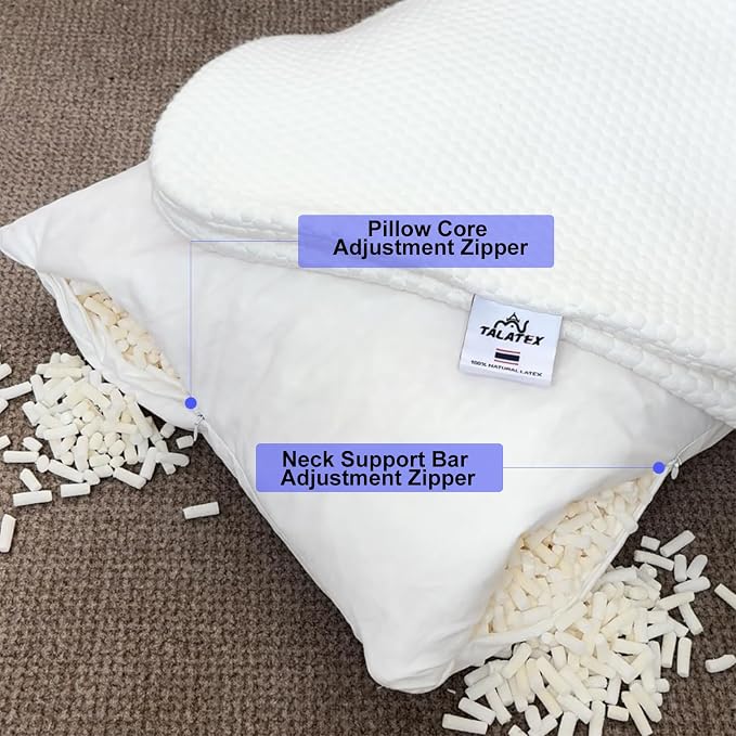 Talatex Talalay Shredded Latex Pillow 100% Natural Premium Pillow with Adjustable Neck Support Area for Back, Stomach or Side Sleepers