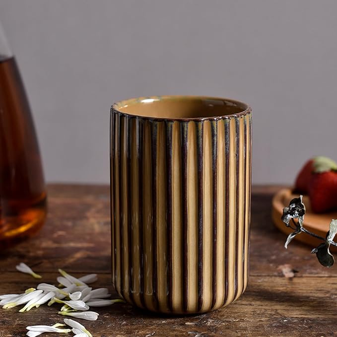 Vinitage Ceramic Mug, Japanese Tea Cup 10oz Striped Cup No Handle Drinking Cup for Latte Milk Water Beverage Juice Microwave and Dishwasher Safe, Kiln Transformation Cup (Brown)