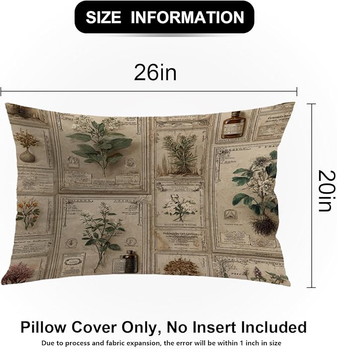 Shrahala Mythical Plants Specimen Labels Linen Pillowcases, Victorian Herbarium with Earth Tones Lumbar Pillow Cover Blended Double-Sided No Inserts for Bedroom Sofa Living Room Set of 2 (26 x 20 in)
