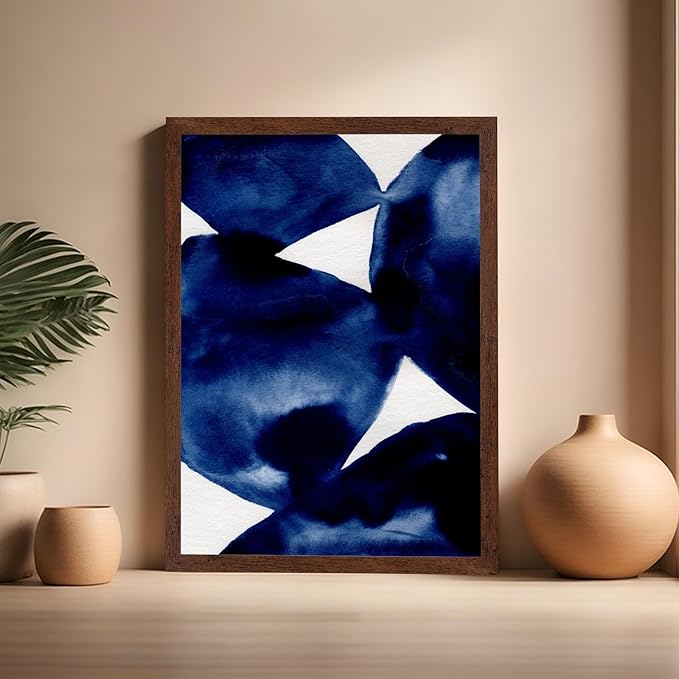 Monem Art Indigo Abstract Watercolor Painting Print - Minimalist Modern Art Poster - Wall Decor for Living Room, Bedroom or Office - 16x20 Brown Framed Wall Art by Mareike Bohmer