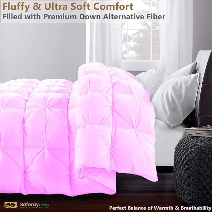Over Queen Size Down Alternative Comforter 98x98 Inch Pink – 500 GSM Ultra Soft Breathable, Luxury Pintuck Pinch Pleat, All Season Duvet Insert with Corner Tabs, Machine Washable