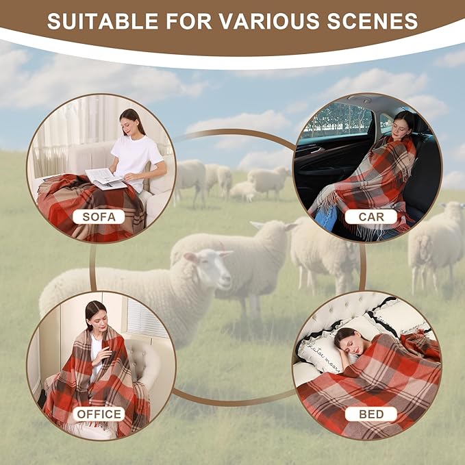 100% Wool Blanket Throw,Red Plaid Wool Blanket with Compact Bag, Rustic Soft Lightweight Blanket for Couch, Sofa, Bed & Lounging Decoration, Warm Travel Blanket for Home, Airplane,Ideal Gifts 55"x83"