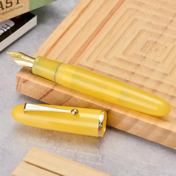 Jinhao 9019 DaDao Series Fountain Pen, Size 8 Fine Heartbeat Nib with Large Ink Converter, Yellow Jade Acrylic Design Smooth Writing Pen (Gold Trim)
