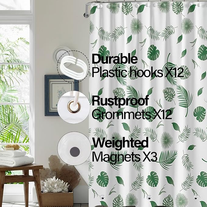Plastic Shower Liner - Premium PEVA 4G Shower Curtain Liner with Rustproof Grommets and 3 Weighted Magnets, Waterproof Shower Curtains for Bathroom (Green Leaf)
