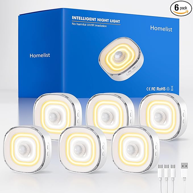 Homelist Digital Mini COB Puck Lights, 6 Pack Rechargeable Motion Sensor Lights Indoor 700mAh 100LM Sensor Night Lights, Dimmable Closet Light for Cabinet, Counter, Stairs, Hallway, Bedside