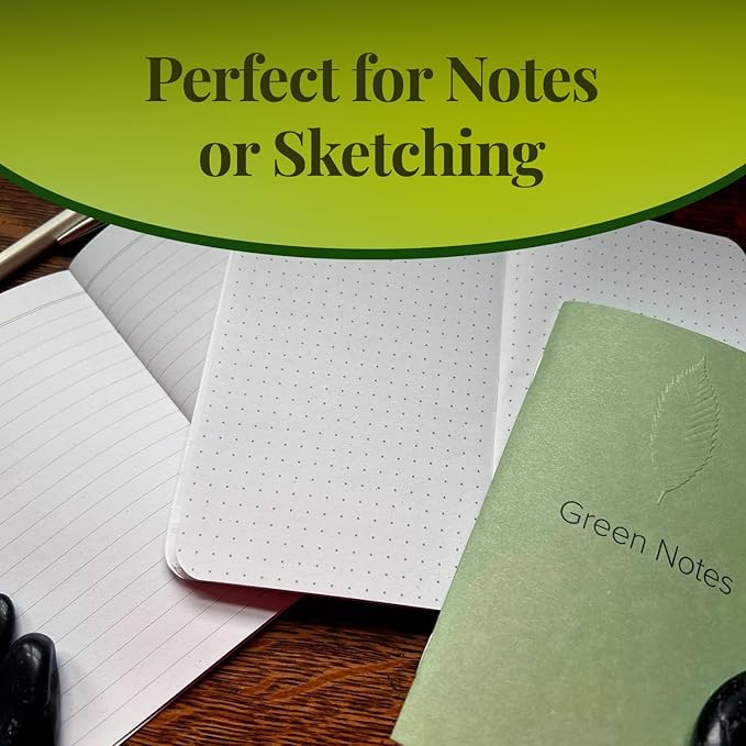New Leaf Green Notes 100% Recycled Memo Books, 3-Pack Dotted Grid, 3.5" x 5.5", Ash Embossed Cover, Saddle Stitch, FSC Certified, Made in USA
