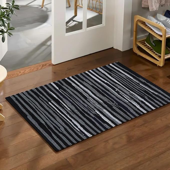 WeWove Hand Woven Chindi Rug Cotton - Boho Rustic Farmhouse Area Accent Throw Rug - Area Floor Carpet for Bedroom Living Room Kitchen Dorm Entryway Hallway - 20x32 inch Area Rug Black Multi