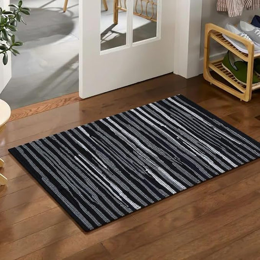 WeWove Hand Woven Chindi Rug Cotton - Boho Rustic Farmhouse Area Accent Throw Rug - Area Floor Carpet for Bedroom Living Room Kitchen Dorm Entryway Hallway - 20x32 inch Area Rug Black Multi