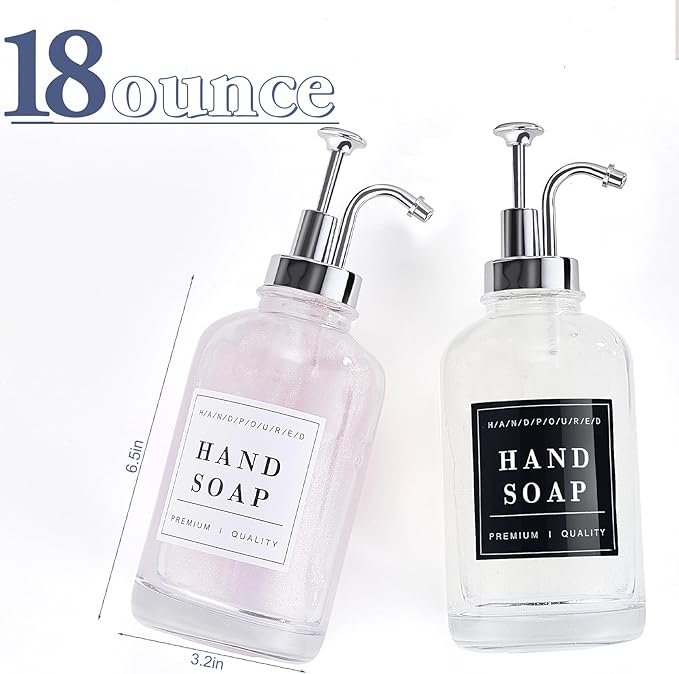 Glass Soap Dispenser with Pump,Tray,Funnel, Countertop Soap and Lotion Dispenser Set of 2 with 60 Stickers, Dish and Hand Soap Dispenser Bottle for Kitchen,Bathroom,Shower, 500ml/16.9oz