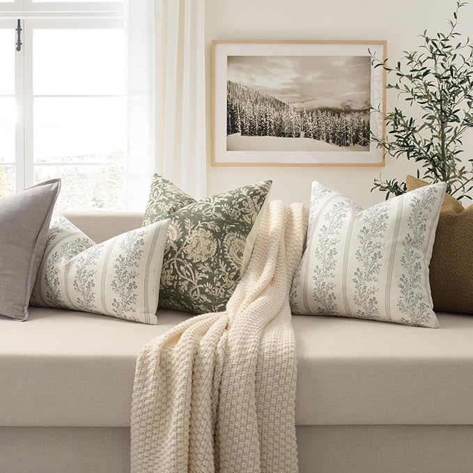 Vintage Throw Pillow Covers 12x20 Set of 2, Striped Floral Pillow Cover Botanical Patterned Decorative Cushion Covers Modern Farmhouse Home Decor for Sofa Couch Bed Living Room, Quiet Gray