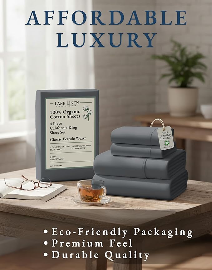 LANE LINEN 100% Organic Cotton California King Sheets Set, Fully Elasticized Reinforsed Seams in Fitted Pocket, Machine Washable All Season Cal King Sheet Deep Pocket Bedding-Charcoal