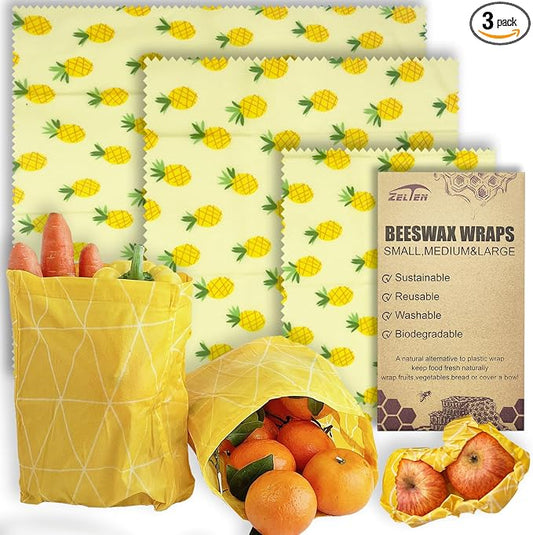 Zelten Beeswax Reusable Food Wraps - (3 Packs, 3 Sizes S,M,L) Plastic and Silicone Free, Eco-friendly Wrap, Wax Paper for Food,Pineapple