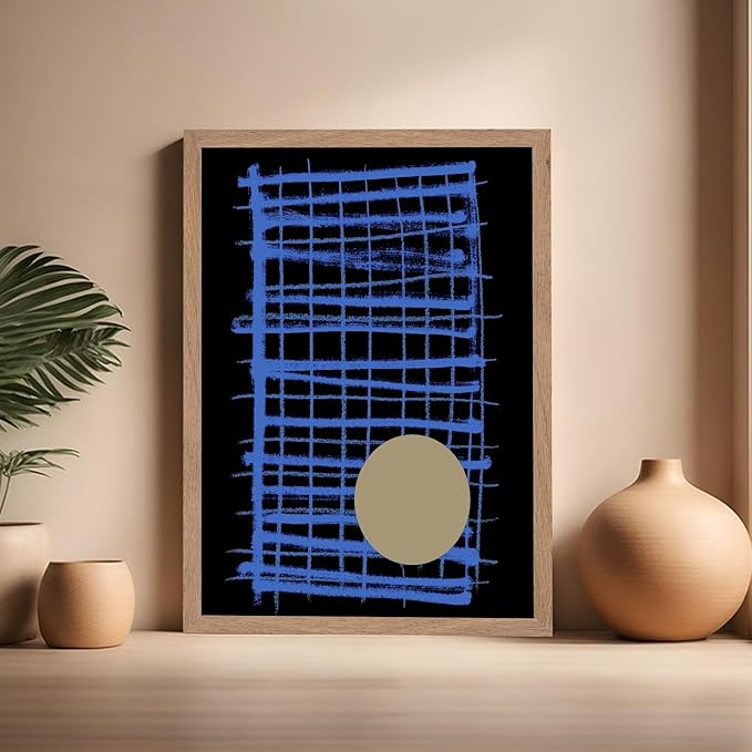 Monem Art Blue Grid Abstract Geometric Print - Modern Minimalist Art Poster - Wall Decor for Living Room, Bedroom or Office - 16x20 Beige Framed Wall Art by Mareike Bohmer