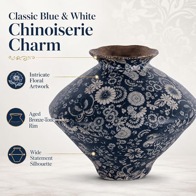 Large Wabi Sabi Blue and White Vintage Ceramic Vase, 9.8" Rustic Pottery Vase for Centerpieces, Chinoiserie Decorative Flower Vases for Table, Living Room, Bathroom, Kitchen, Farmhouse Home Decor Gift