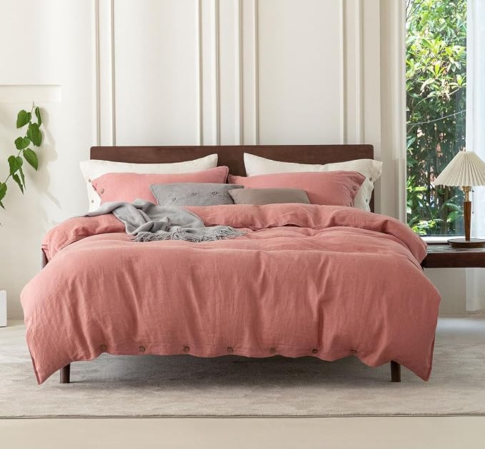EVERLY 100% Pure Linen Duvet Cover Set Oversized King120X98Inch 3pcs (1 Duvet Cover,2 Pillowcases) Soft and Breathable for All Season with Coconut Button Closure, Suitable for Hot Sleepers-Pink