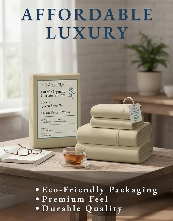 LANE LINEN 100% Organic Cotton Queen Size Sheets Set, Eco Friedly Mercerized Fully Elasticized Queen Sheets, Naturally Temperature Regulating Cooling Cotton Sheets- Linen