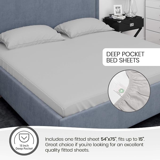 Organic Full Fitted Sheet Only Deep Pocket - 100% Organic Cotton Sheets with Breathable 300 Thread Count Sateen Weave GOTS & Fairtrade Certified - Soft Fitted Bed Sheets Only (Silver, Full)