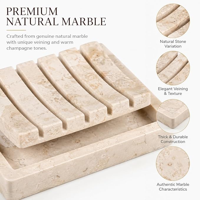 Creative Home 2-Piece Natural Champagne Marble Soap Dish Set with Elevated Slotted Tray, Luxury Bathroom Soap Holder for Vanity, Kitchen Sink & Spa Countertop