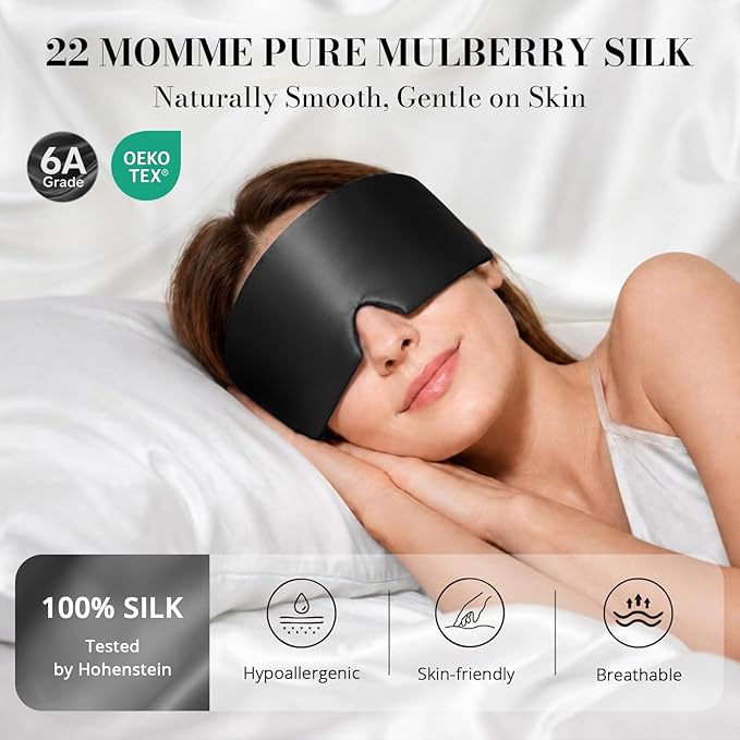 22 Momme Pure Mulberry Silk Sleep Mask, 3D Contoured Cup Eye Mask for Sleeping, Super Soft Breathable Blindfold with Adjustable Strap, Perfect Blocks Light for All Night Sleep, Black