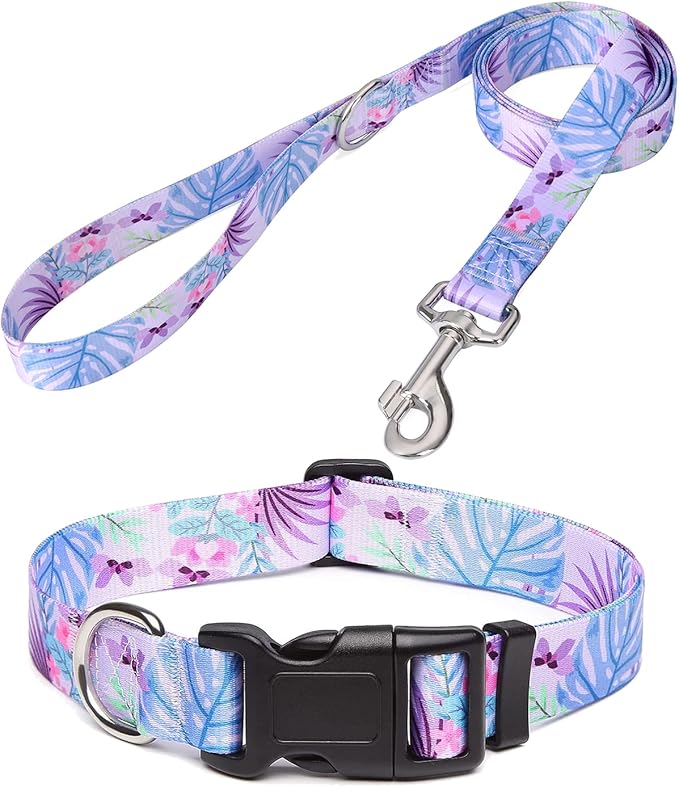 Mihqy Dog Collar and Leash Set with Bohemia Floral Tribal Geometric Patterns - Soft Ethnic Style Collar Adjustable for Small Medium Large Dogs(Purple Flower Flower Set,L)