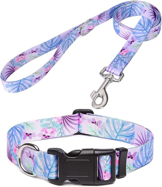Mihqy Dog Collar and Leash Set with Bohemia Floral Tribal Geometric Patterns - Soft Ethnic Style Collar Adjustable for Small Medium Large Dogs(Purple Flower Flower Set,XS)