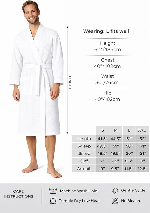 Turkish Linen Men’s Waffle Bathrobe Lightweight Kimono Spa Robe – Quick Dry Bath & Shower Robe for Men with Pockets