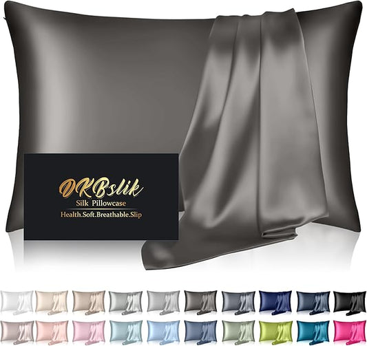 Silk Pillowcase for Hair and Skin, Mulberry Silk Pillow Cases King Size, Anti Acne Cooling Sleep Both Sides Natural Silk Satin Pillow Case Covers with Hidden Zipper, Gifts for Women Men, Dark Gray