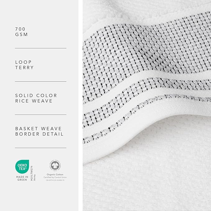 Texere 100% Organic Cotton Rice Weave Jacquard 700 GSM Luxury Bath Towel Sets - 4 Large Bath Towels (Rice Weave, BRT Wht w/Blk, 4 Bath Towels)