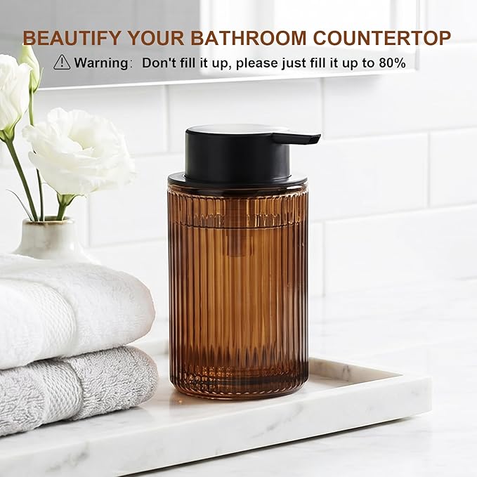 KASUNTING Foaming Soap Dispenser, Amber Glass Foam Hand Soap Dispenser for Bathroom, 11 Fl Oz Ribbed Refillable Foaming Pump Bottle with Black Pump, Modern Dish Soap Foam Dispenser