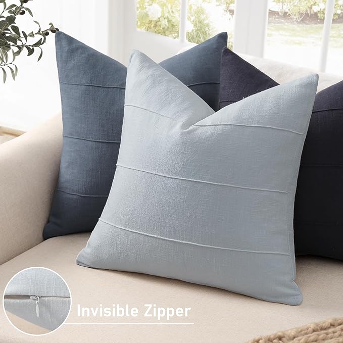 12x20 Pillow Covers Set of 2 Decorative Linen Lumbar Pillow Covers Solid handcrafted Striped Cushion Covers for Bed Soft Modern Farmhouse Neutral Pillowcase for Couch Bedroom Living Room (Sky Blue)