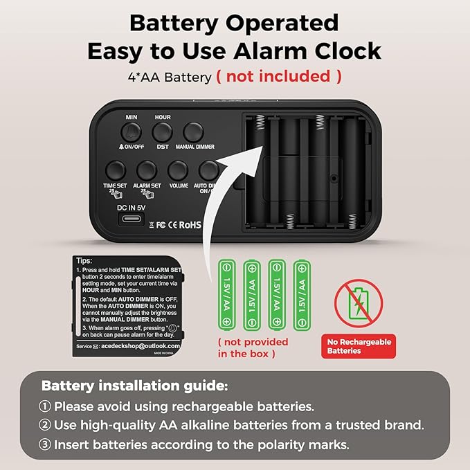 Acedeck Battery Operated Alarm Clock for Bedroom Travel: Cordless Compact Large Display Digital Clock with Auto Dimming - 4 Dimmers Easy to Use for Adults Seniors Red Digits