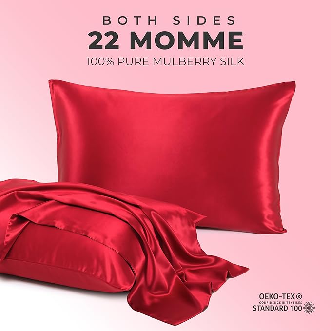 100% Pure Mulberry Silk Pillowcase for Hair and Skin, 6A Grade 22 Momme Silk Pillow Cases with Zipper, Soft Cooling Washable Both Sided Silk Pillow Cover (Burgundy Red, Queen 20''x30'')